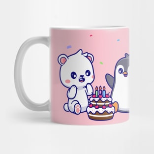 Cute Polar Bear And Penguin With Birthday Cake Cartoon Mug